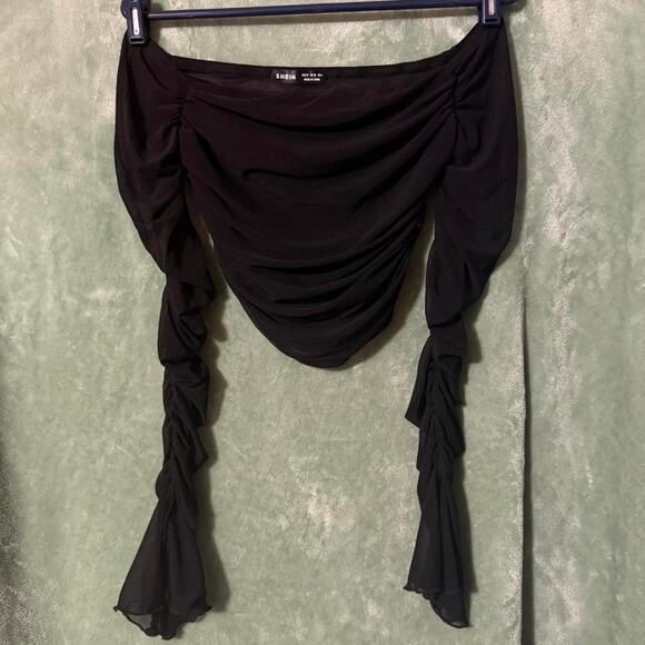 SHEIN Sheer Black Ruched Mesh Off Shoulder Top -M - Picture 2 of 8